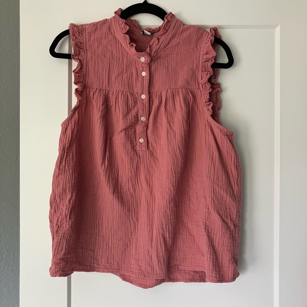 J. Crew Pink Ruffled Sleeveless Blouse with Mandarin Collar